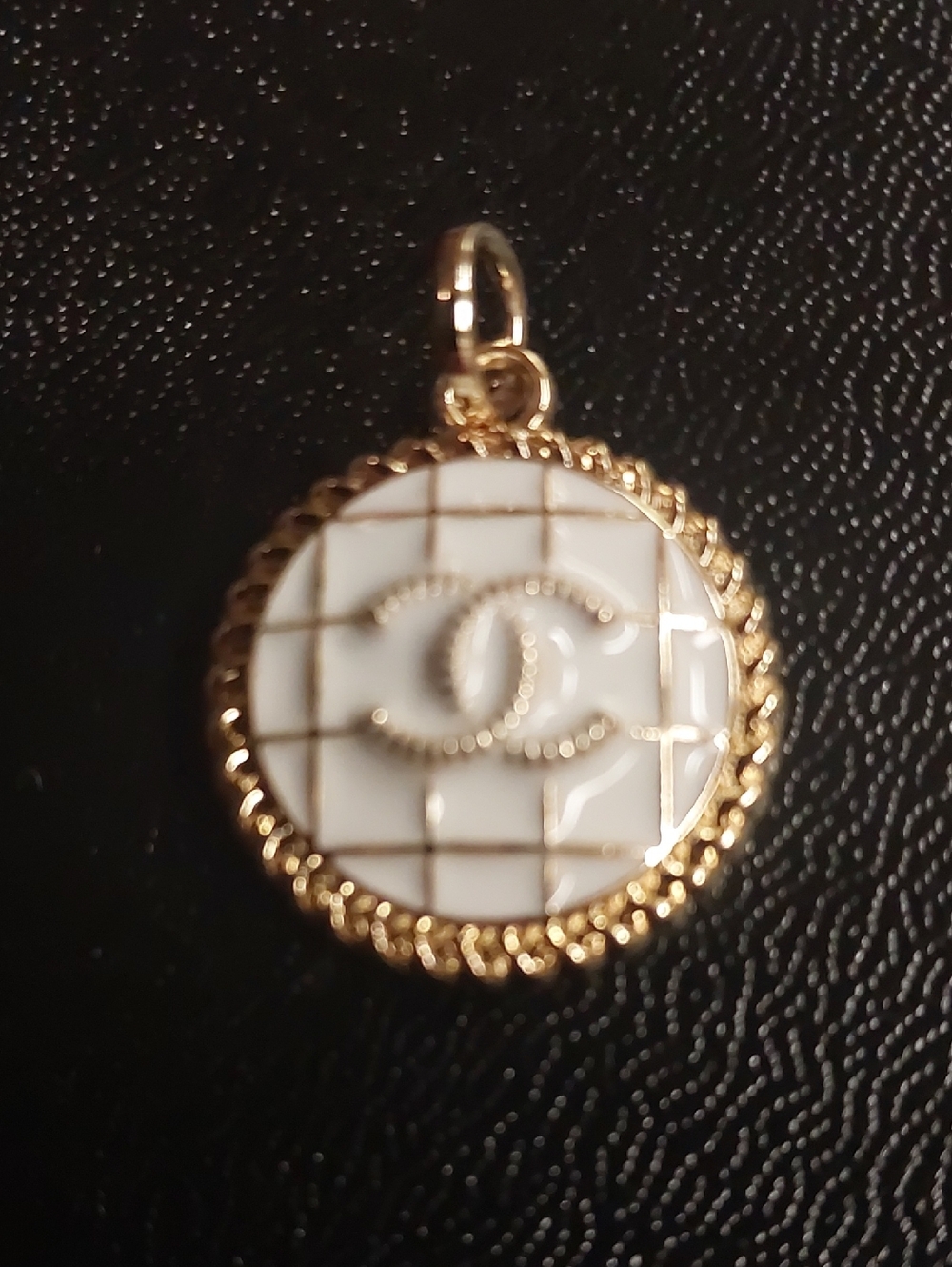 CC White Enamel & Gold Interlocking CC Round Charm Pendant